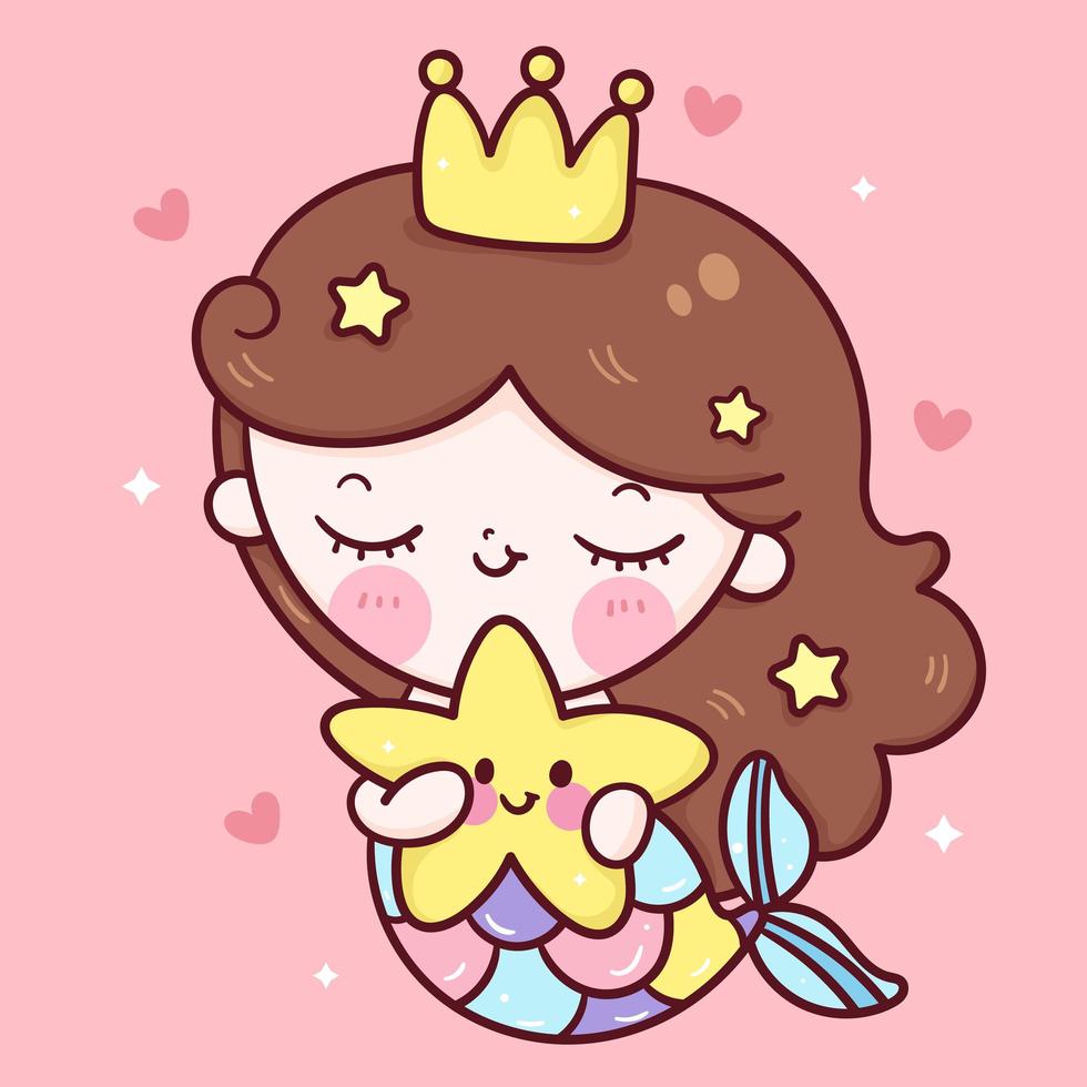 zeemeermin prinses cartoon knuffel ster vis kawaii dier serie sprookje mooi karakter girly meisje schattig vector hand tekening illustratie voor kinderen mode kunstwerken kinderboeken wenskaarten