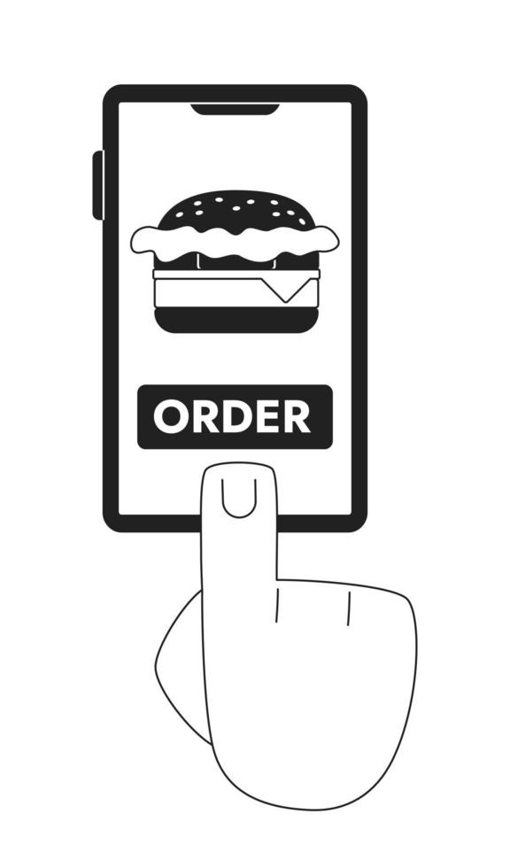 hamburger bestellen mobiel app monochroom concept vector plek illustratie. bewerkbare 2d vlak bw tekenfilm eerste visie hand- voor web ui ontwerp. snel voedsel creatief lineair held beeld voor landingen, mobiel kopteksten