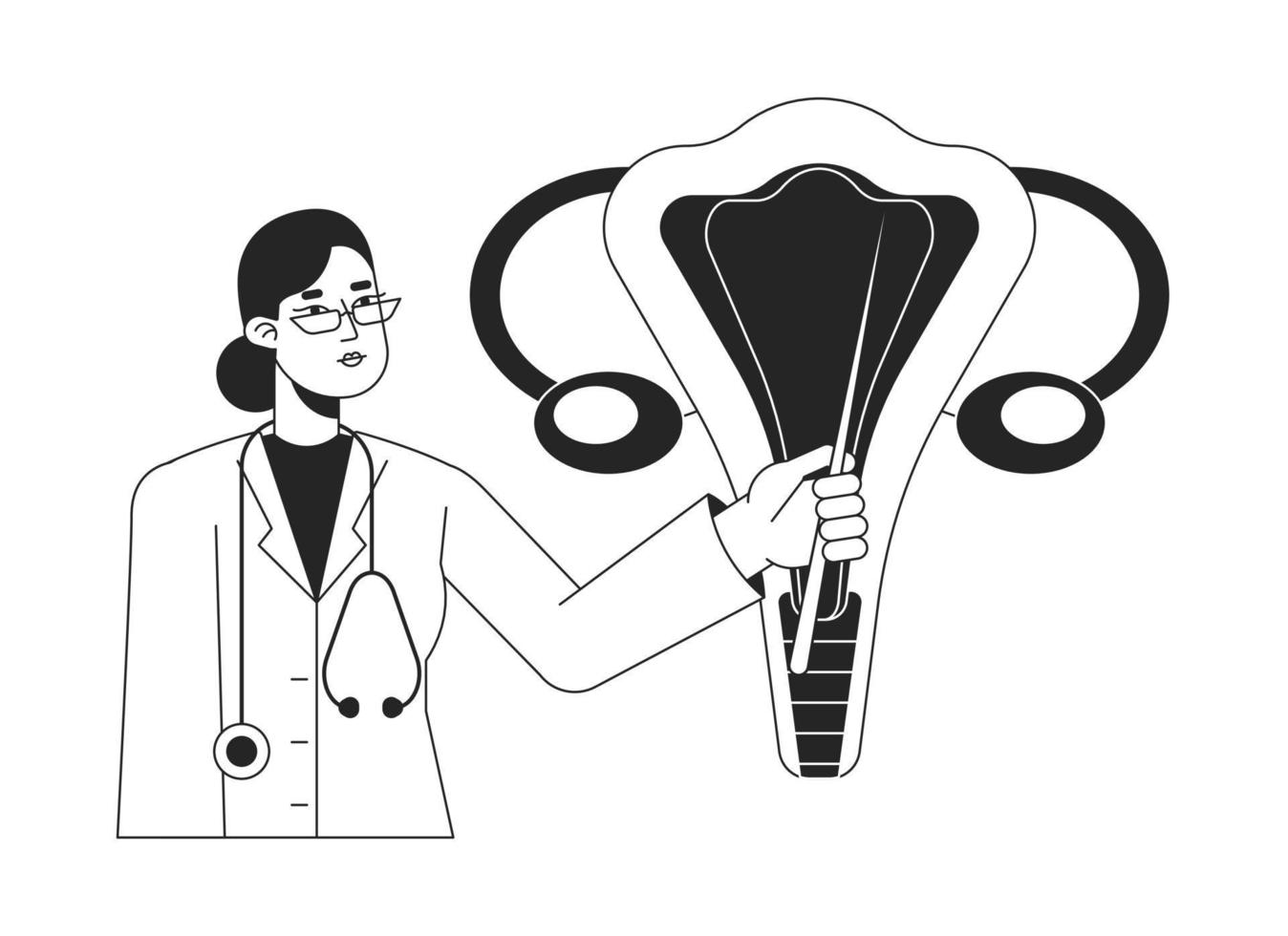 gynaecologie, verloskunde bw concept vector plek illustratie. vrouw gynaecoloog, obgyn 2d vlak lijn monochromatisch tekenfilm karakter voor web ui ontwerp. bewerkbare held beeld voor landen, mobiel hoofd