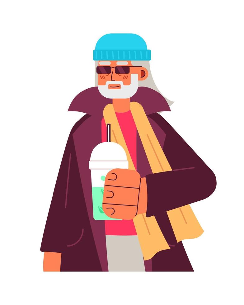 gelukkig senior met bevroren matcha groen thee semi vlak kleurrijk vector karakter. veroudering welzijn. bewerkbare voor de helft lichaam persoon Aan wit. gemakkelijk tekenfilm plek illustratie voor web grafisch ontwerp en animatie