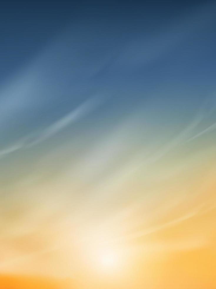 zonsondergang lucht met wolk in blauw, oranje, geel kleur achtergrond, dramatisch schemering landschap met zonsondergang in avond, vector horizon zonsopkomst in ochtend- banier van zonlicht voor vier seizoen backdrop banier