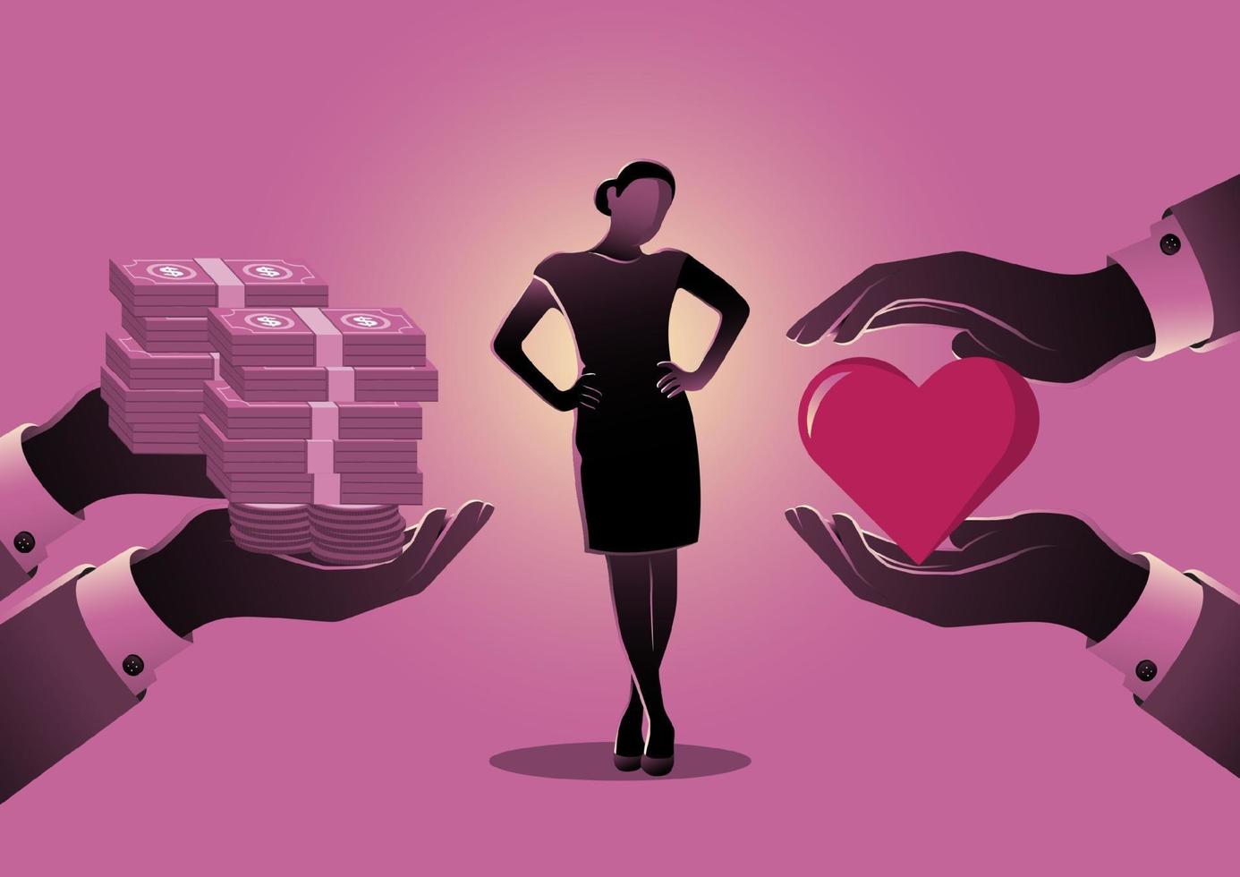 zakenvrouw kiezen tussen liefde en geld vector