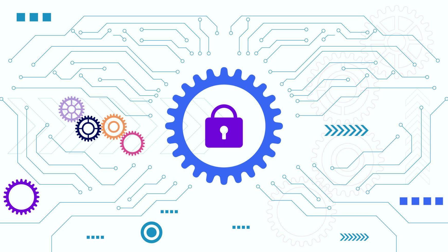 abstract technologisch achtergrond met uitrusting wiel, hangslot icoon en stroomkring lijnen Aan wit achtergrond. vector illustratie.