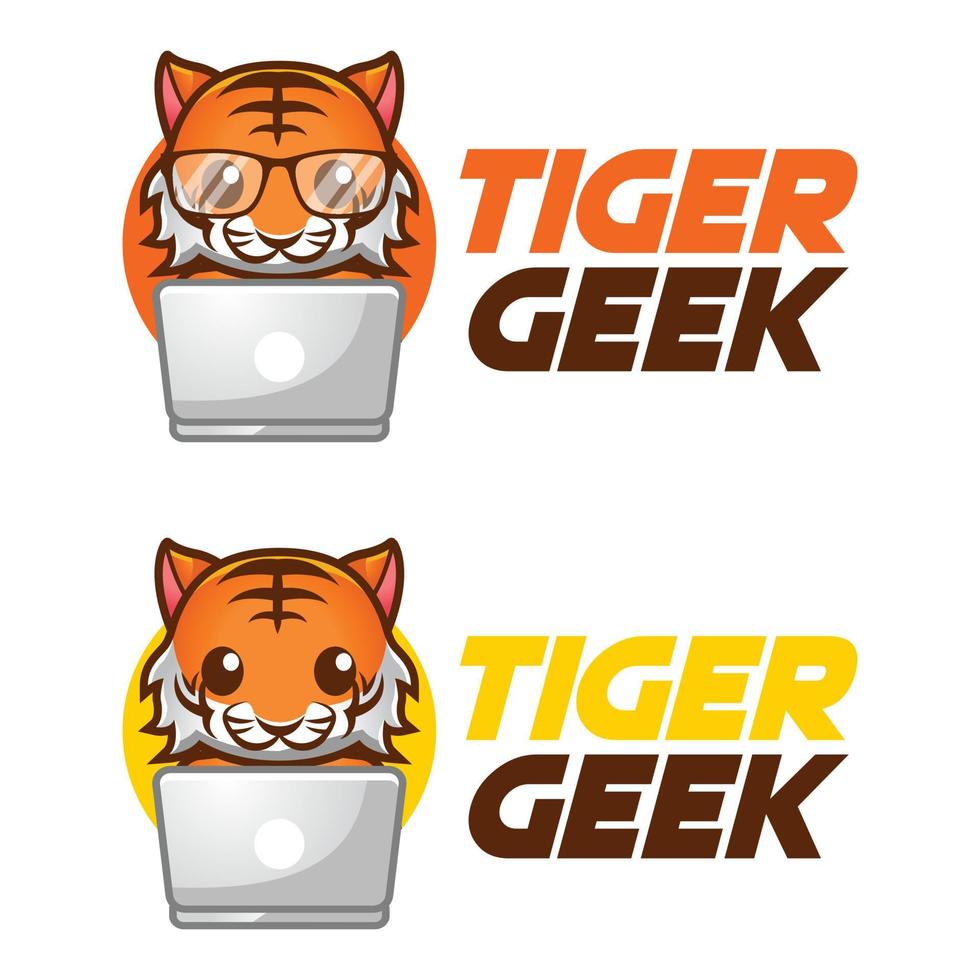 modern vector vlak ontwerp gemakkelijk minimalistische logo sjabloon van schattig geek nerd tijger tekenfilm hoofd vector voor merk, embleem, label, kenteken. geïsoleerd Aan wit achtergrond.
