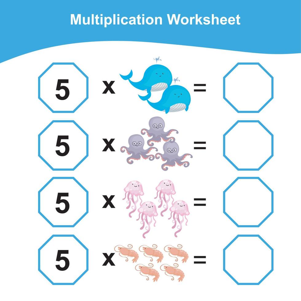 vermenigvuldiging werkblad voor kinderen. tellen wiskunde werkblad. afdrukbare wiskunde werkblad. vector illustratie.