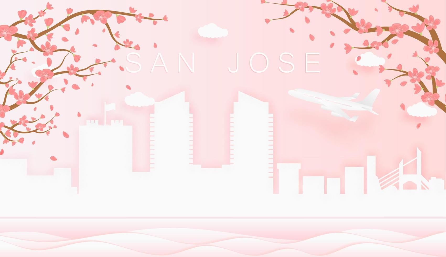 panorama reizen ansichtkaart, poster, tour reclame van wereld beroemd oriëntatiepunten van san jos, voorjaar seizoen met bloeiend bloemen in boom vector