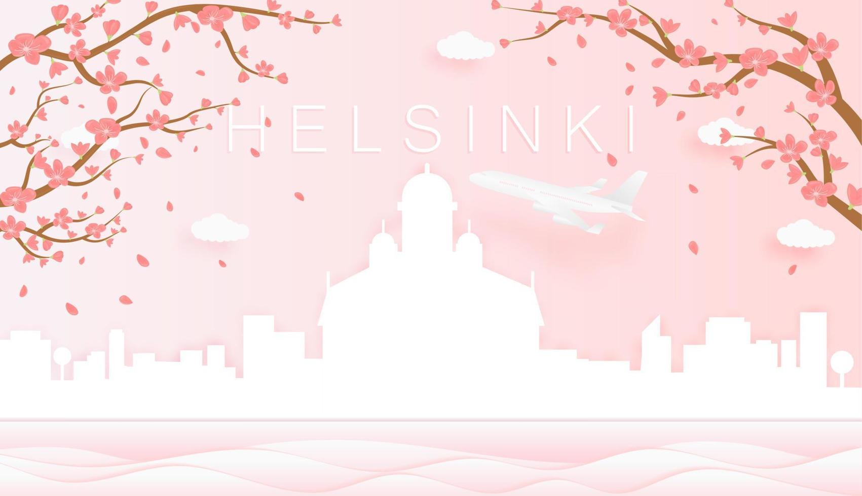 panorama reizen ansichtkaart, poster, tour reclame van wereld beroemd oriëntatiepunten van Helsinki, voorjaar seizoen met bloeiend bloemen in boom in papier besnoeiing stijl vector