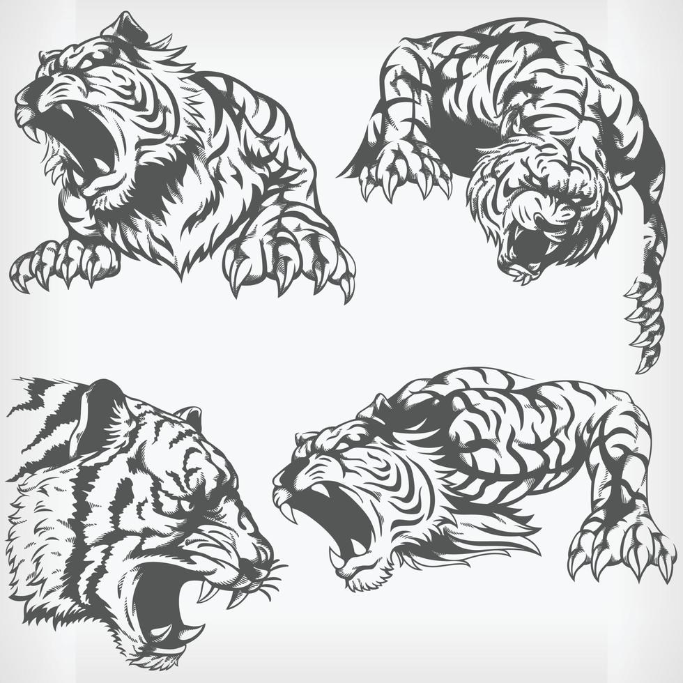 silhouet boos tijger hoofd brullende stencil vector tekening clipart set