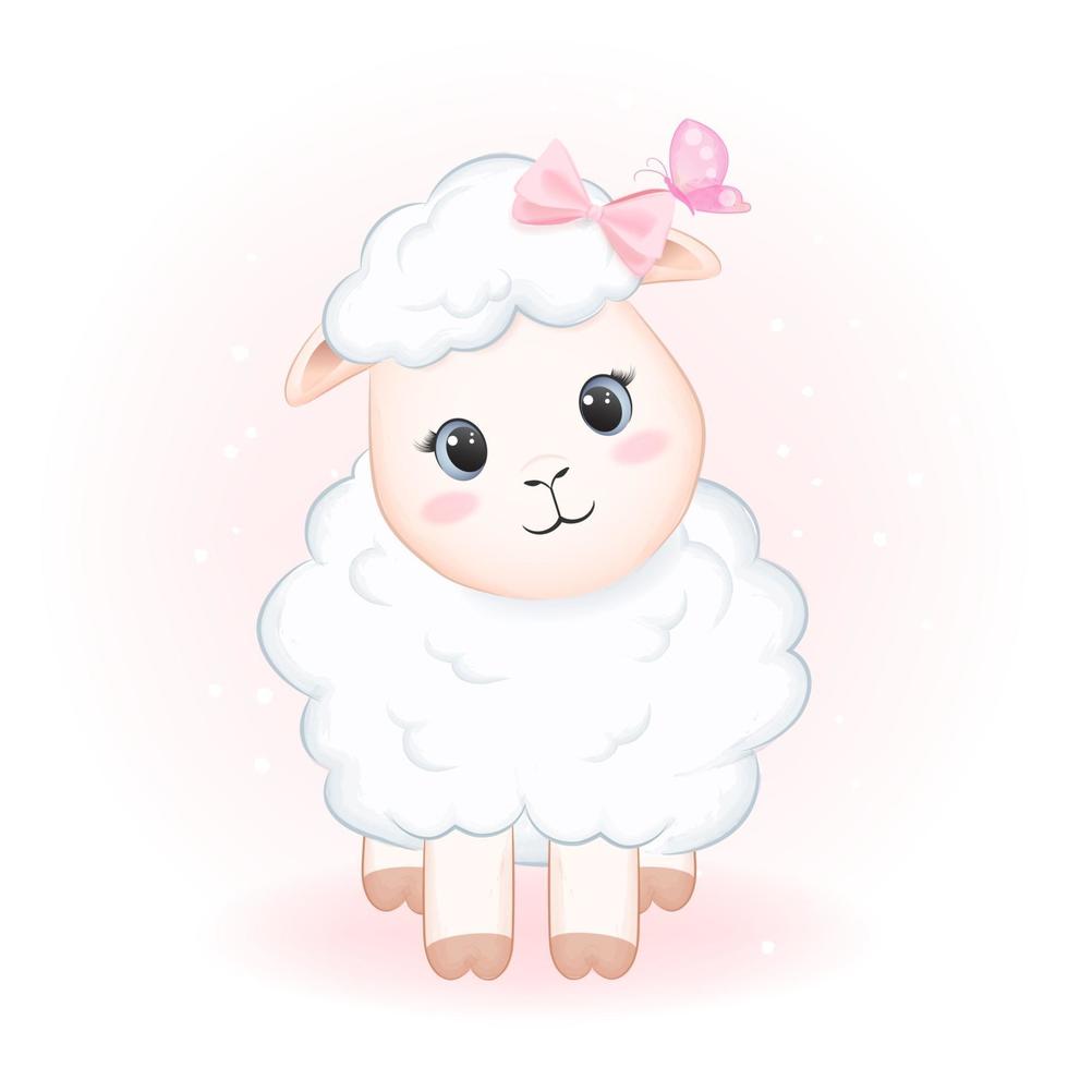 schattige kleine schapen en vlinder hand getrokken cartoon afbeelding vector