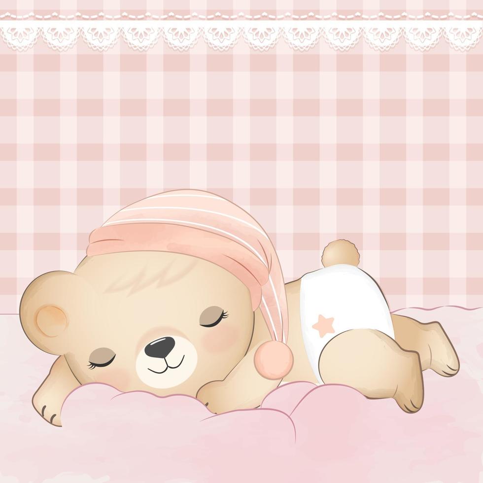 kleine beer slapen op roze achtergrond vector