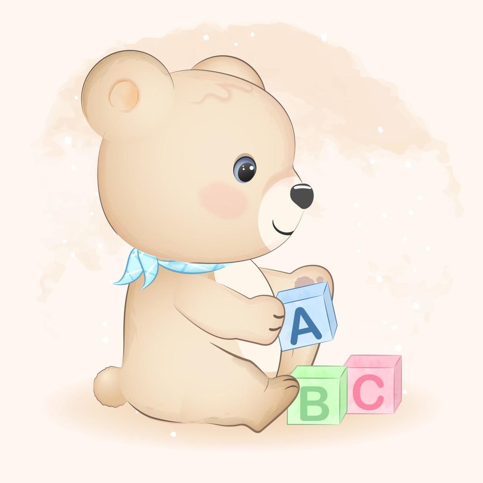 kleine beer en abc speelgoed blok illustratie vector