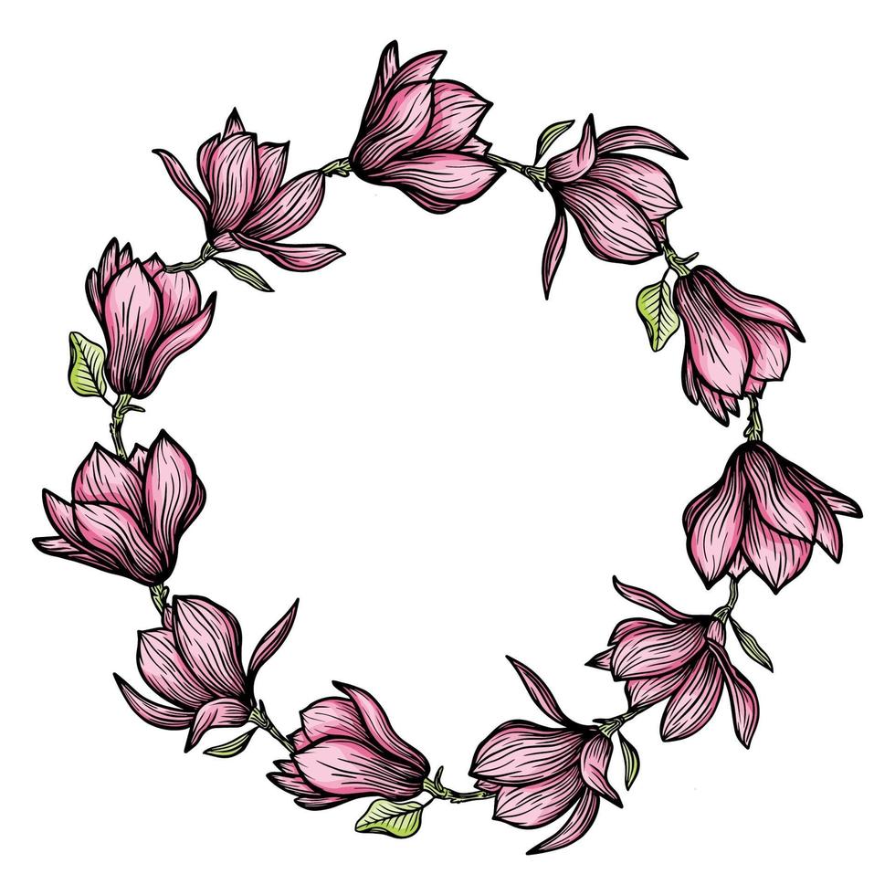 krans, ronde frame van magnolia bloemen, bloeiende bloemen silhouet. lente, bloemdessin voor kaarten, uitnodigingen, verpakkingen vector