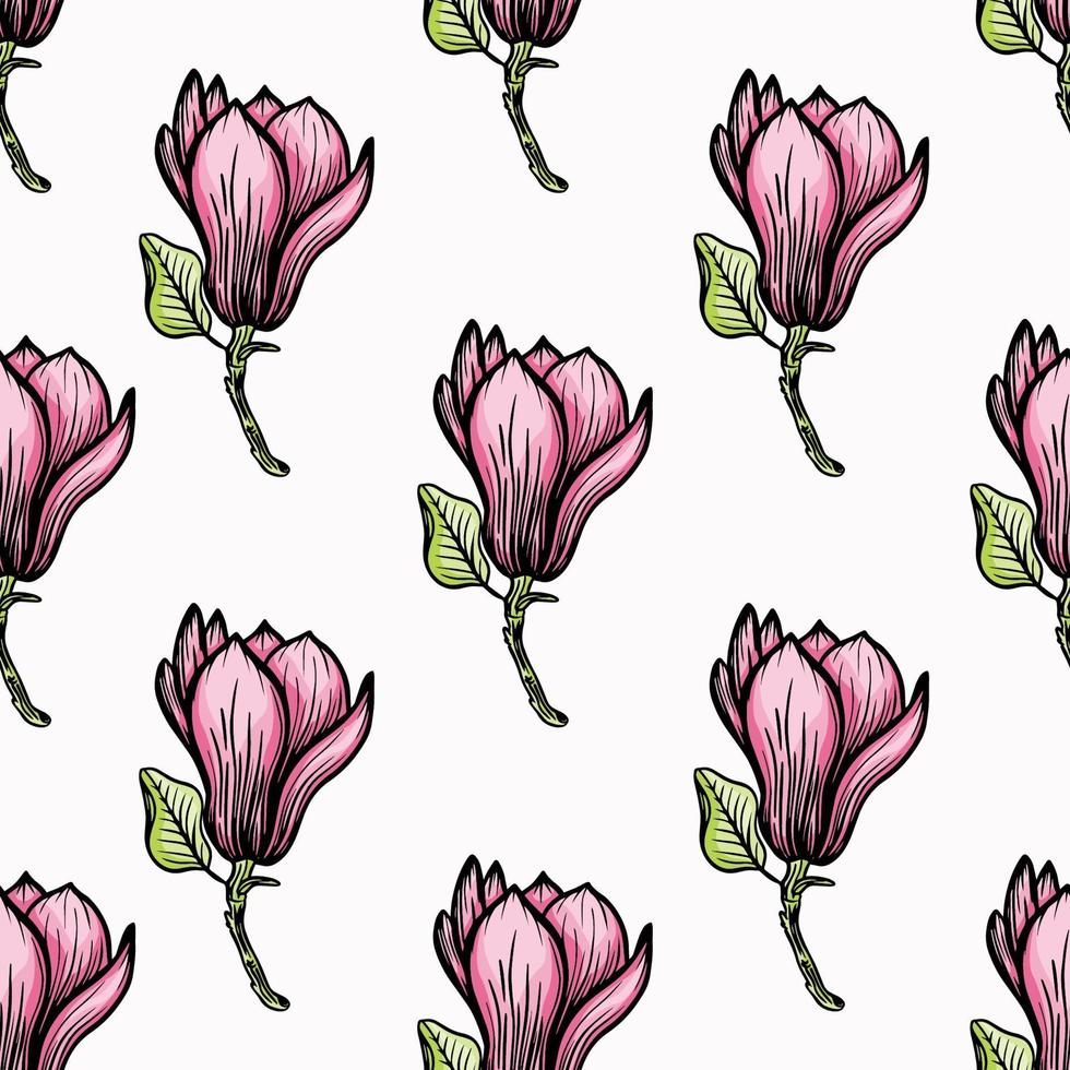 patroon naadloos met zwarte magnolia-omtrek. lente bloem hand getekend vectorillustratie. zwart en wit met lijntekeningen op een witte achtergrond vector