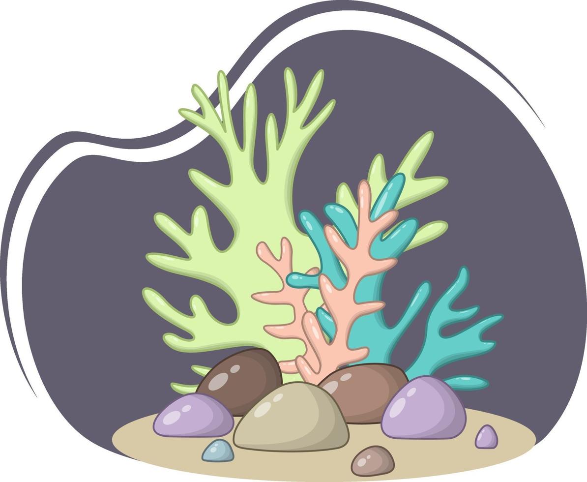 vector samenstelling van groene, blauwe en oranje koralen in pastelkleuren en stenen op een donkere achtergrond.