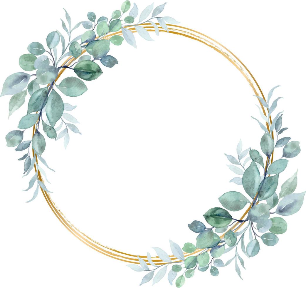 waterverf eucalyptus bladeren met goud cirkel voor bruiloft, verjaardag, kaart, achtergrond, uitnodiging, behang, sticker, decoratie enz. vector