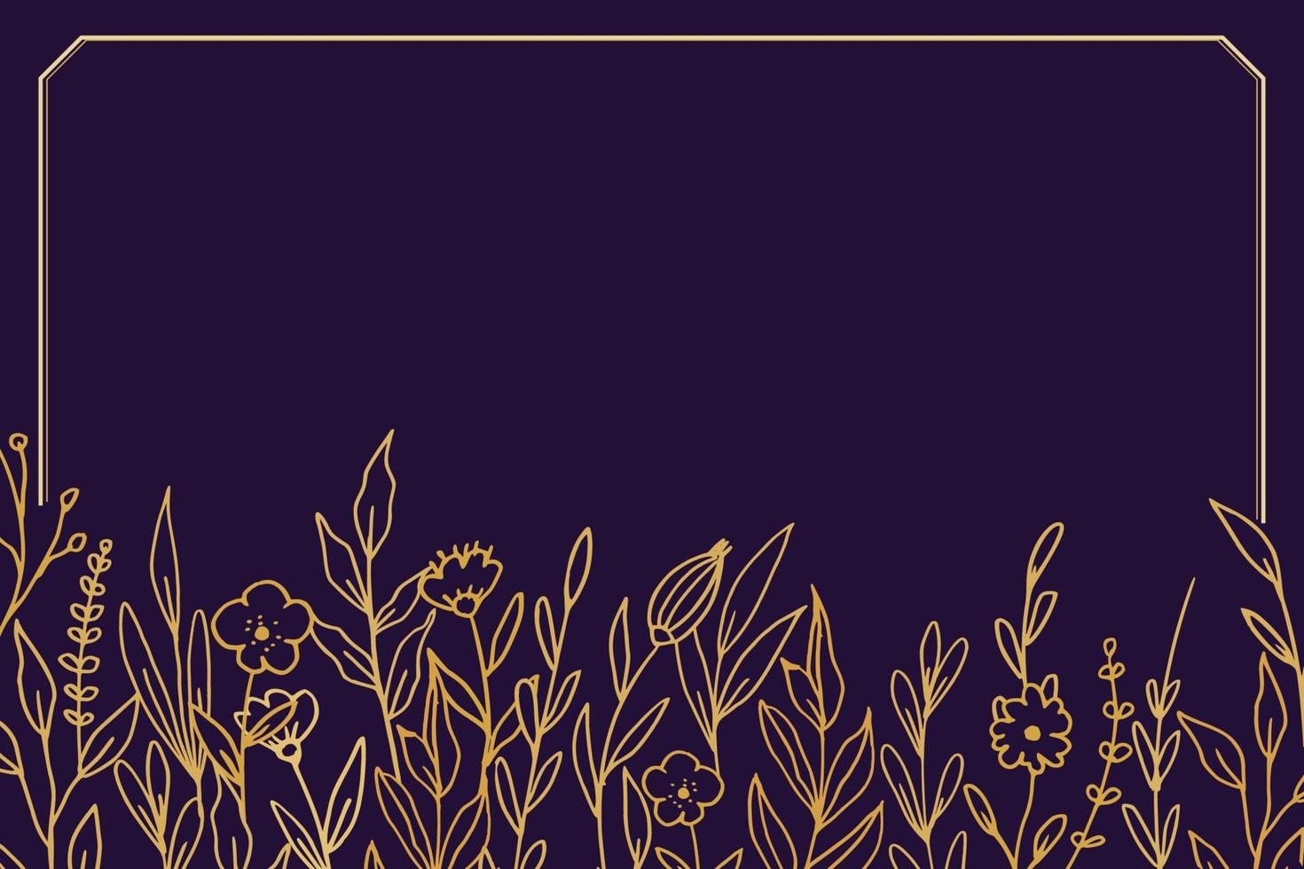 elegant gouden bloemen achtergrond met hand- getrokken bloemen en bladeren illustratie decoratie Aan donker Purper vector