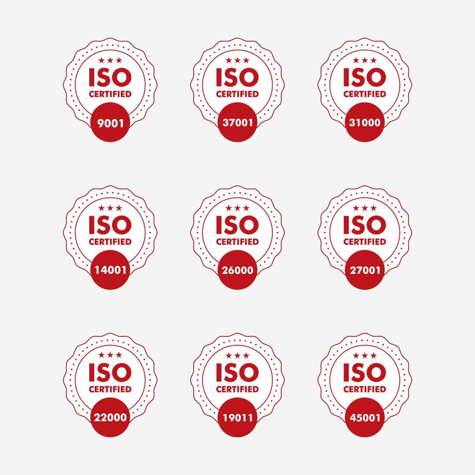 reeks van iso certificaat postzegel en etiketten kwaliteit beheer systeem, iso 9001, iso 22000, iso 14001 vector