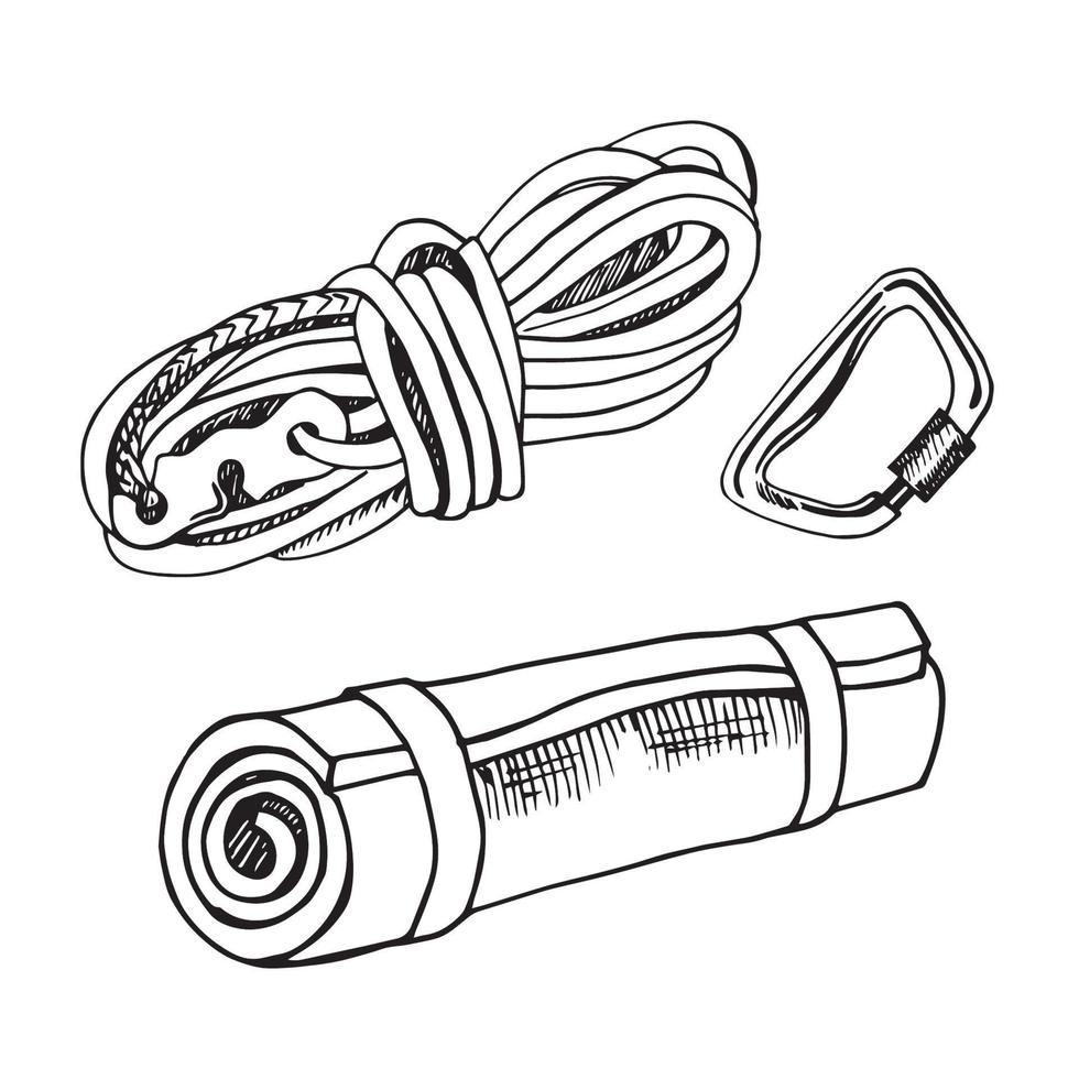 tekening pictogrammen. beklimming apparatuur. maat, karabijnhaak, slapen mat. vector illustratie. hand- getrokken schetsen