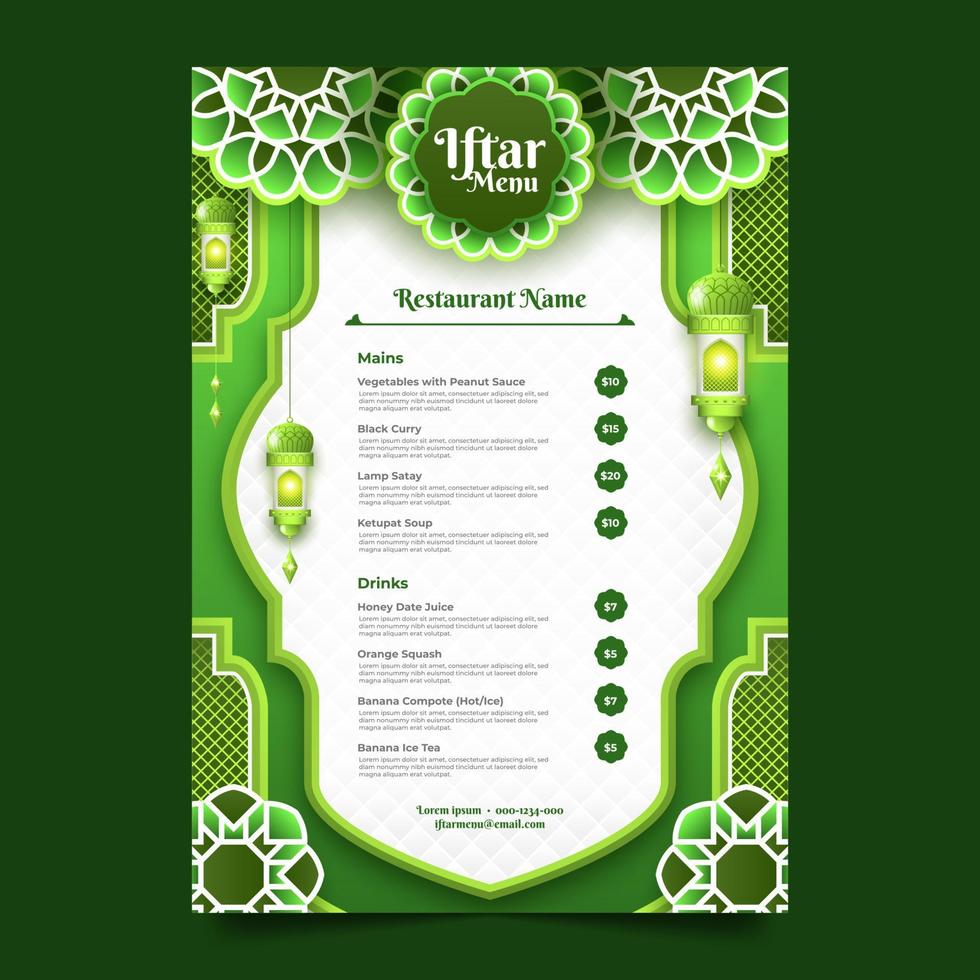 iftar menu sjabloon met groen ornamenten achtergrond vector