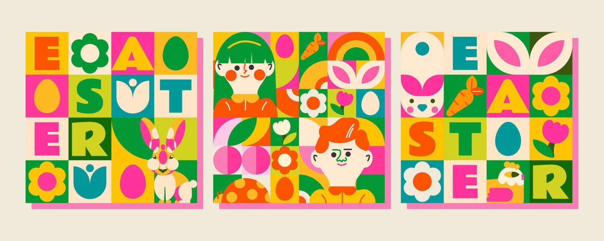 3 patronen in mozaïek- stijl voor een gelukkig Pasen dag. helder, voorjaar ontwerp met mensen, konijnen, bloemen, Pasen eieren en veel elementen dat creëren een feestelijk humeur en de aankomst van een warm voorjaar vector