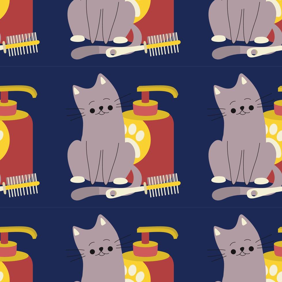 patroon met shampoo fles, kam voor dieren, katten, honden, huisdier zorg. vector