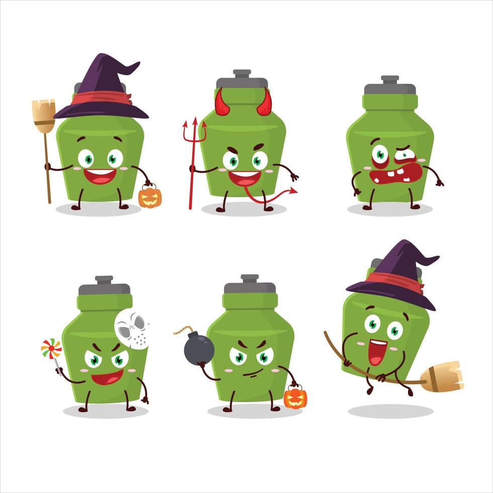 halloween uitdrukking emoticons met tekenfilm karakter van groen drinken fles vector