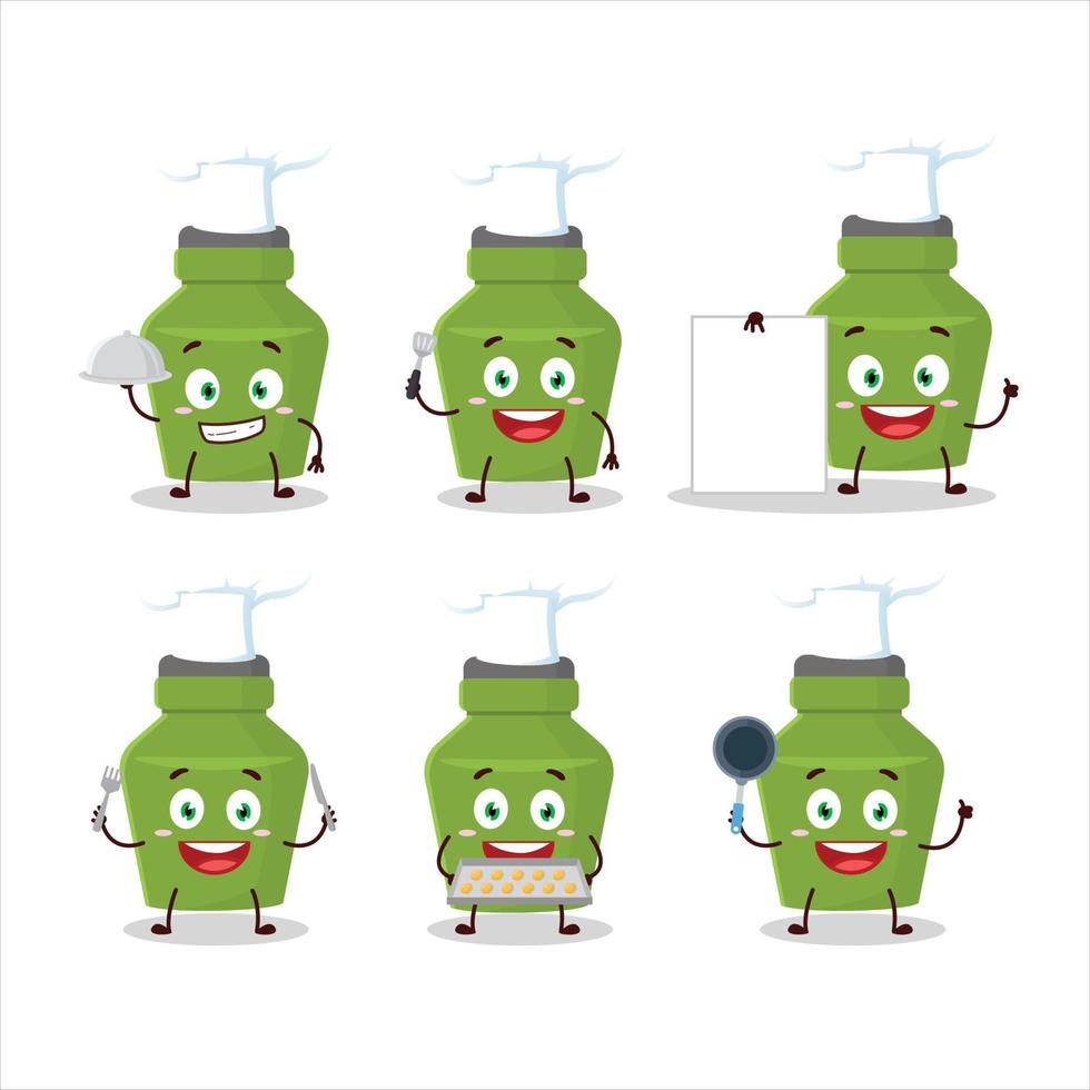 tekenfilm karakter van groen drinken fles met divers chef emoticons vector