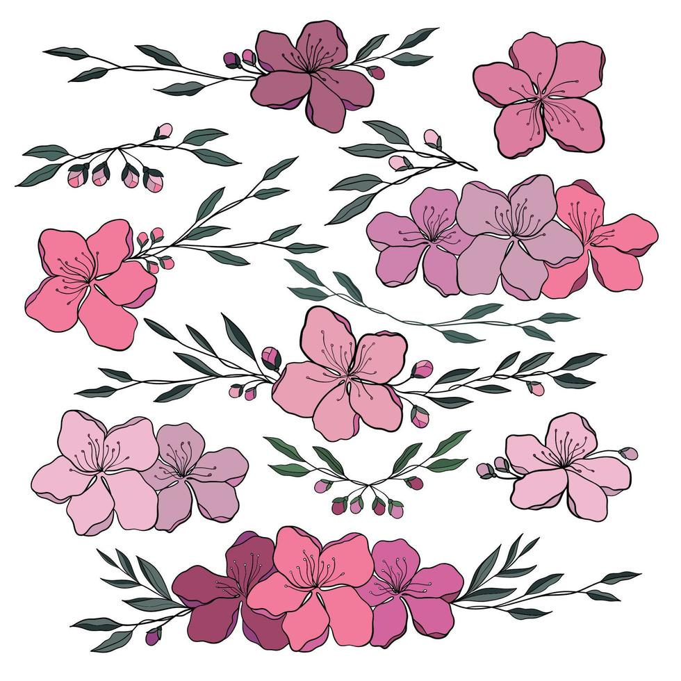 voorjaar sakura kers bloeiend bloemen boeket. geïsoleerd realistisch roze bloemblaadjes, bloesem, takken, bladeren vector set. ontwerp voorjaar boom illustratie