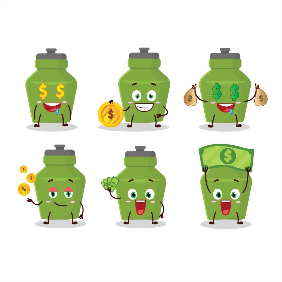 groen drinken fles tekenfilm karakter met schattig emoticon brengen geld vector