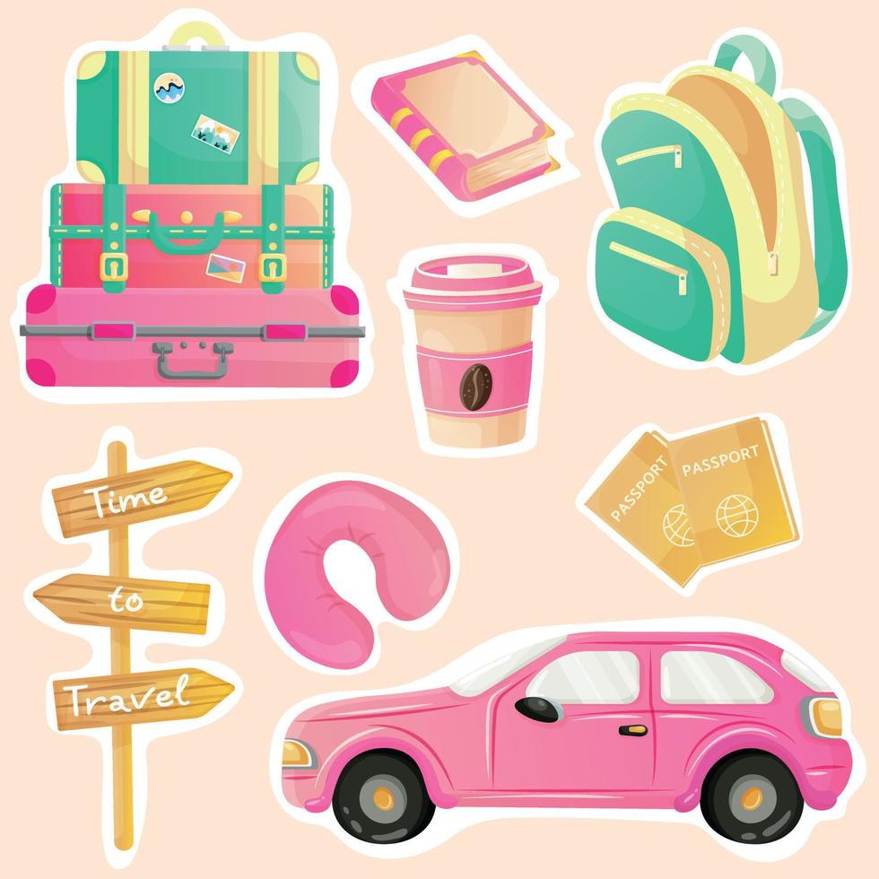 schattig tekenfilm reizen sticker reeks met roze auto, drie koffers, roze kop van koffie, roze boek, twee oranje paspoorten, roze hoofd kussen, groen en geel rugzak en tijd naar reizen hout teken vector