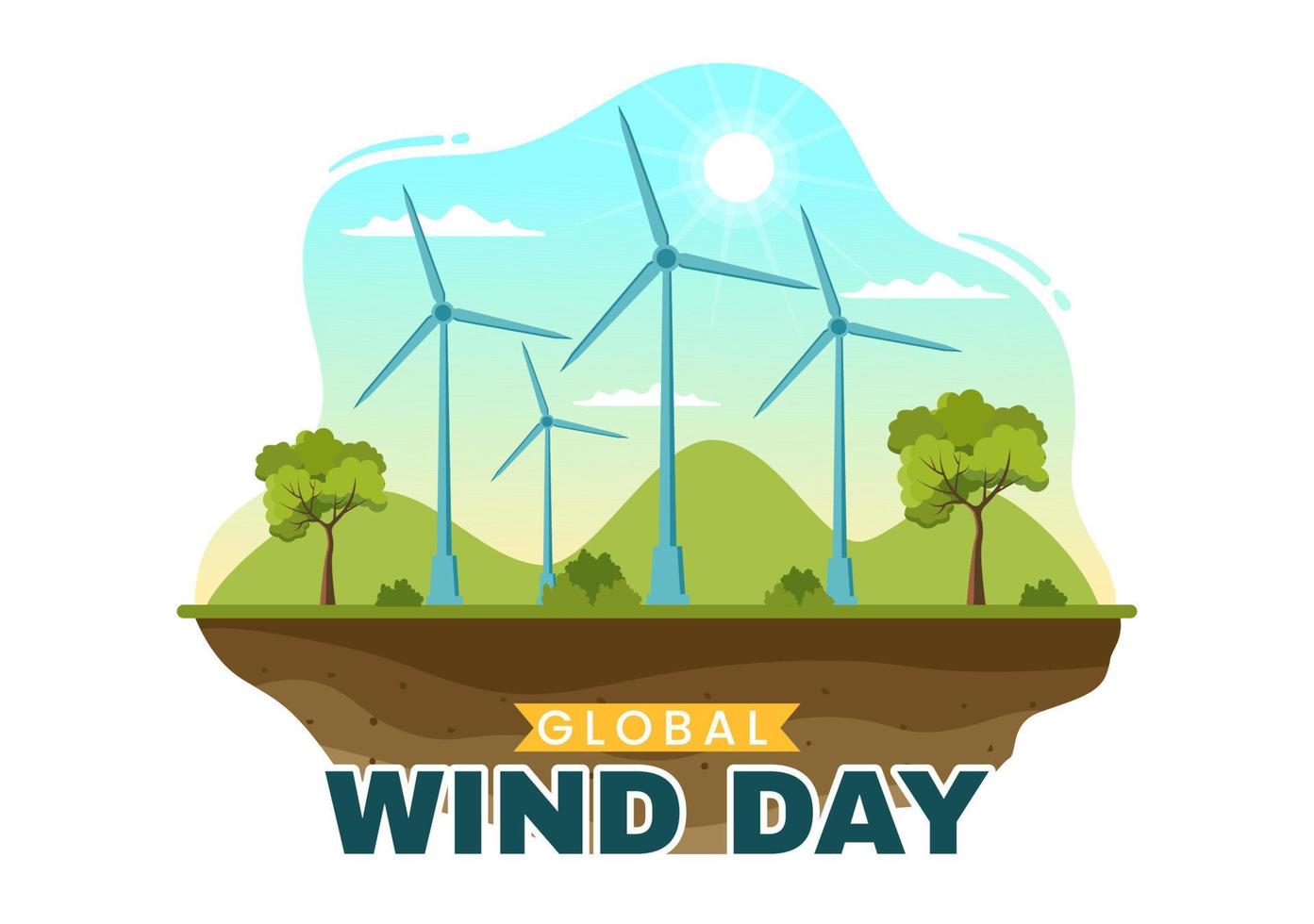 globaal wind dag vector illustratie Aan juni 15 met aarde wereldbol en winden turbines Aan blauw lucht in vlak tekenfilm hand- getrokken landen bladzijde Sjablonen