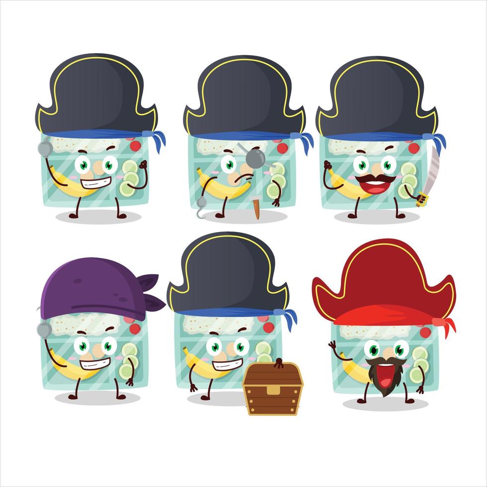 tekenfilm karakter van lunch doos met divers piraten emoticons vector