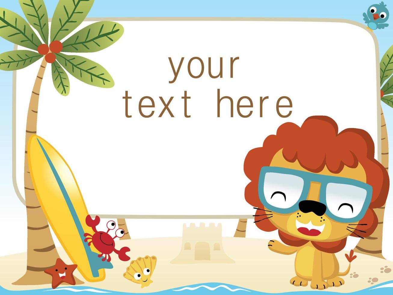 grappig leeuw tekenfilm met marinier dieren en surfboard in de strand Aan banier achtergrond vector