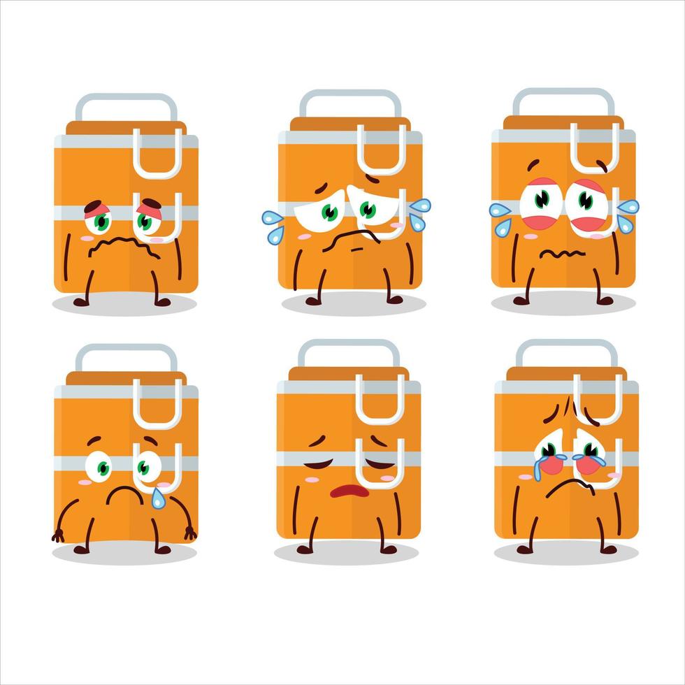 oranje lunch doos tekenfilm karakter met verdrietig uitdrukking vector