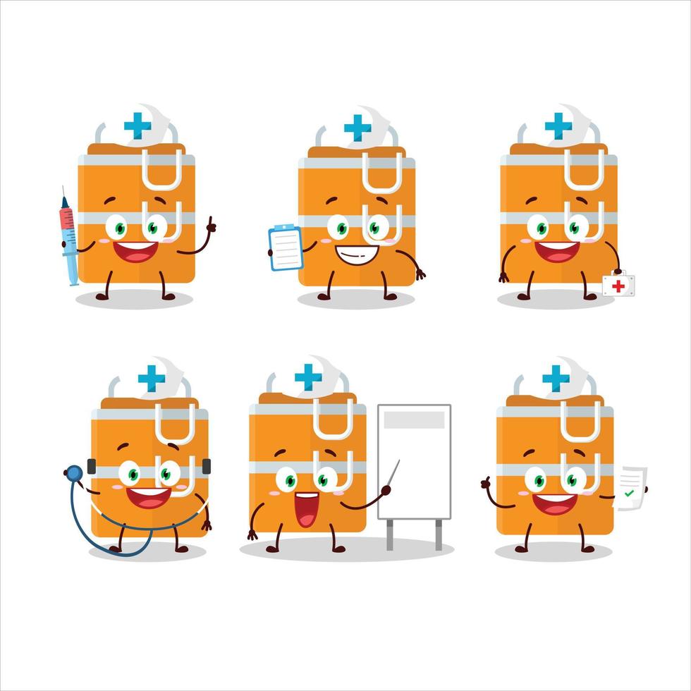 dokter beroep emoticon met oranje lunch doos tekenfilm karakter vector