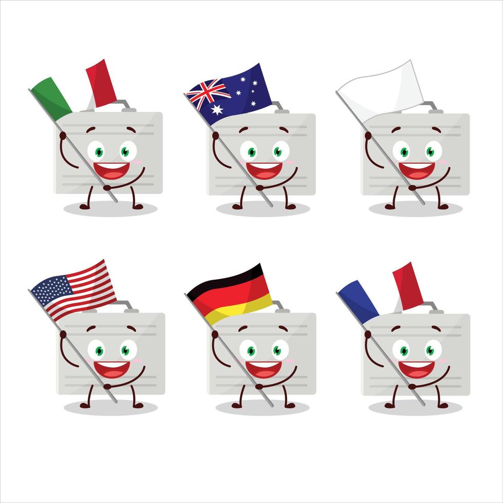 zilver koffer tekenfilm karakter brengen de vlaggen van divers landen vector