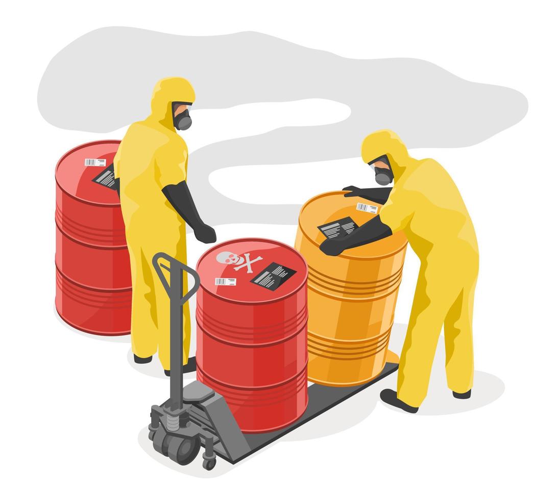giftig verspilling gevaarlijk verspilling verwijdering arbeiders in geel risico pak gebruik makend van handlift naar Actie chemisch tank in industrie zone illustratie isometrische geïsoleerd tekenfilm vector