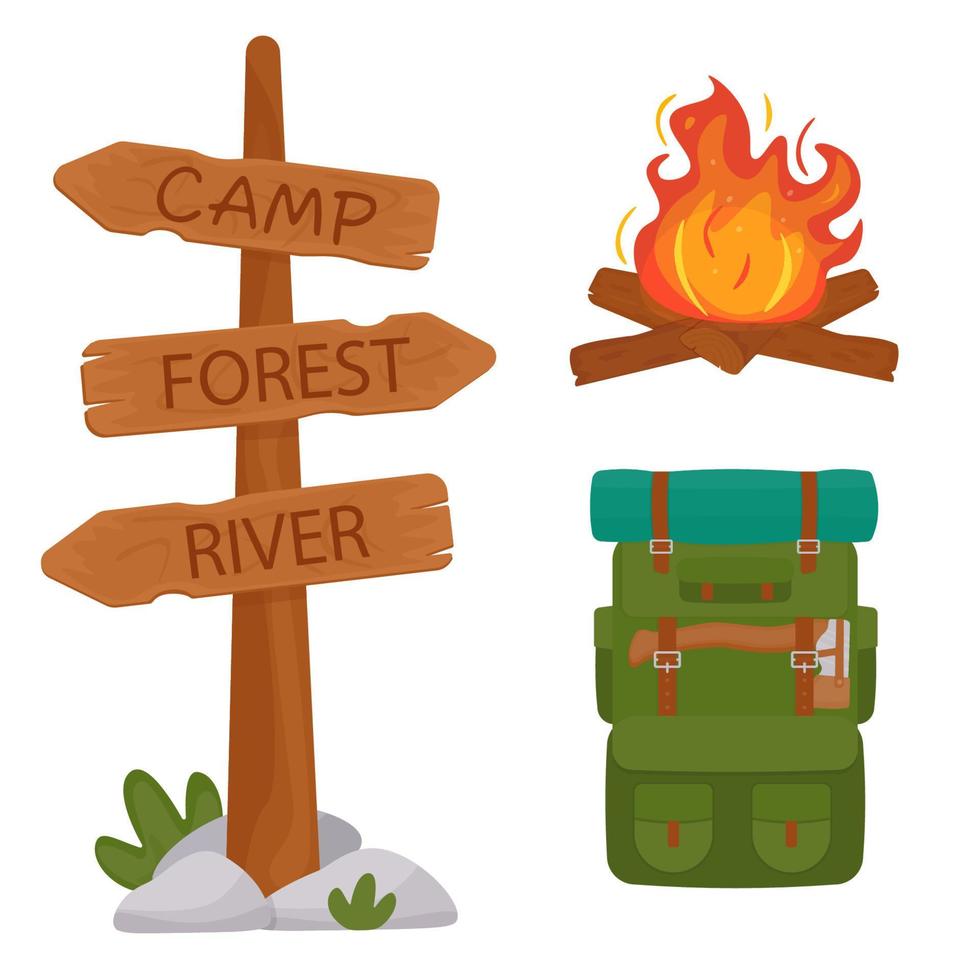 camping uitrusting. een reizigers wandelen rugzak. camping uitrusting voor avonturen. kampvuur, vreugdevuur met brandend logboeken en een laaiend heet rood Geel vlam. houten wegwijzer Aan de toerist route. vector. vector