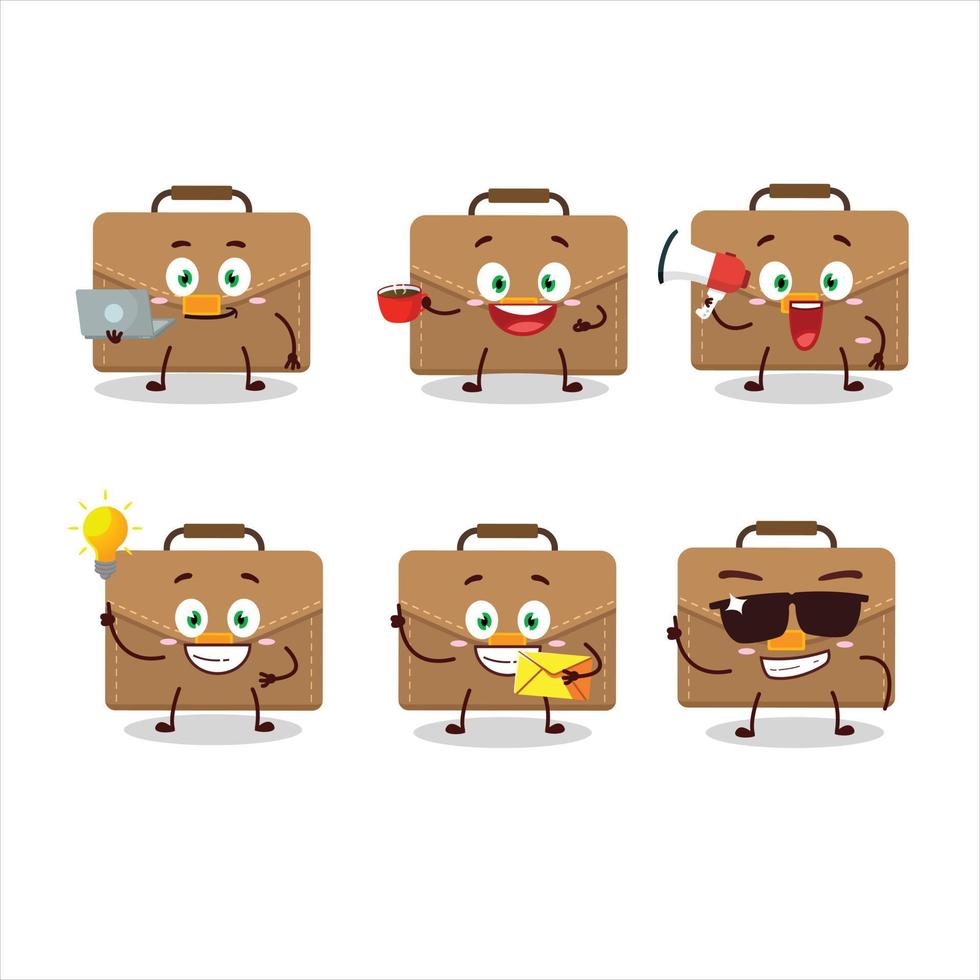 bruin koffer tekenfilm karakter met divers types van bedrijf emoticons vector
