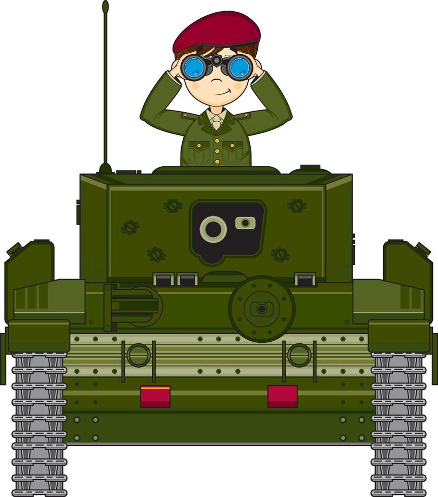 schattig tekenfilm leger soldaat met kijker in gepantserd tank leger geschiedenis illustratie vector