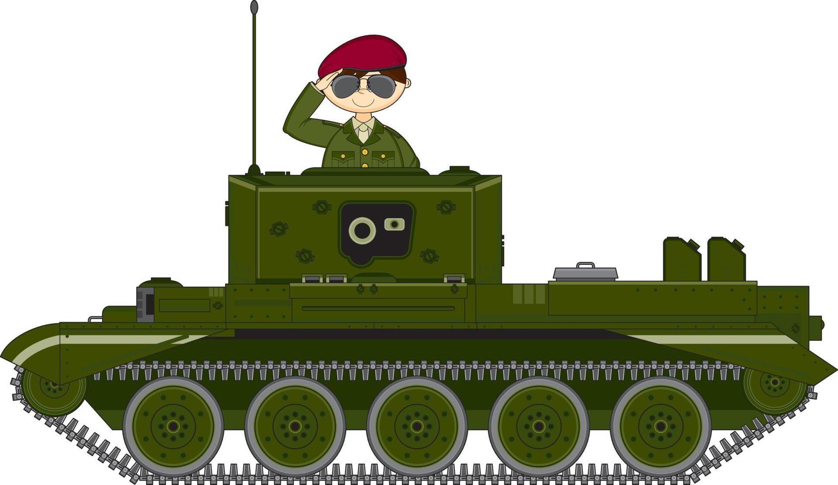 schattig tekenfilm groeten leger soldaat in gepantserd tank leger geschiedenis illustratie vector