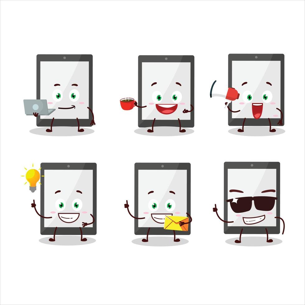tablet tekenfilm karakter met divers types van bedrijf emoticons vector