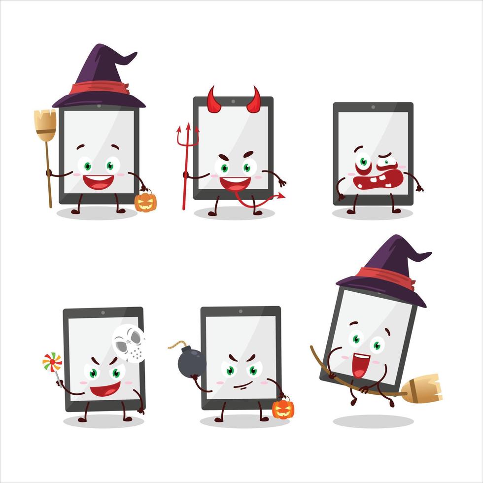 halloween uitdrukking emoticons met tekenfilm karakter van tablet vector