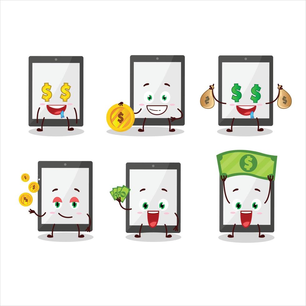 tablet tekenfilm karakter met schattig emoticon brengen geld vector