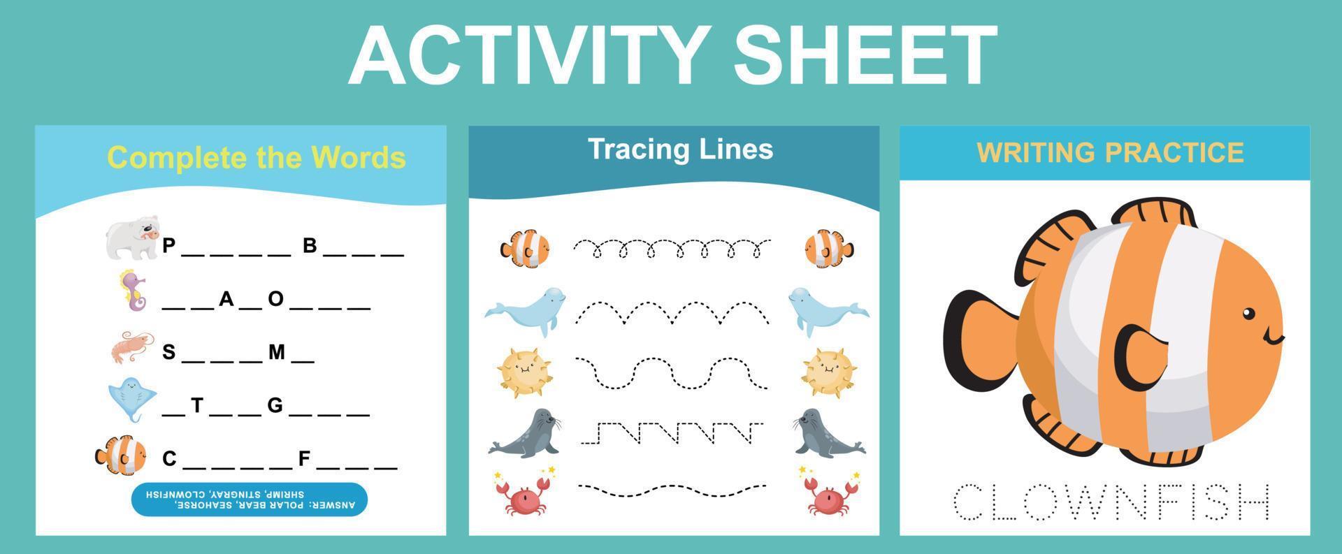 werkzaamheid vel voor kinderen. leerzaam afdrukbare werkblad. zee dier werkblad thema. motor vaardigheden onderwijs. vector illustraties.