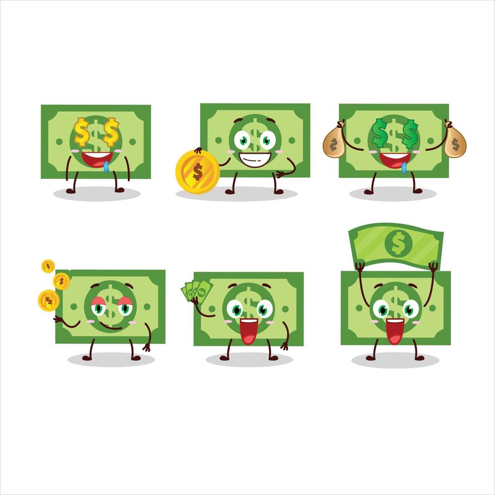 geld tekenfilm karakter met schattig emoticon brengen geld vector