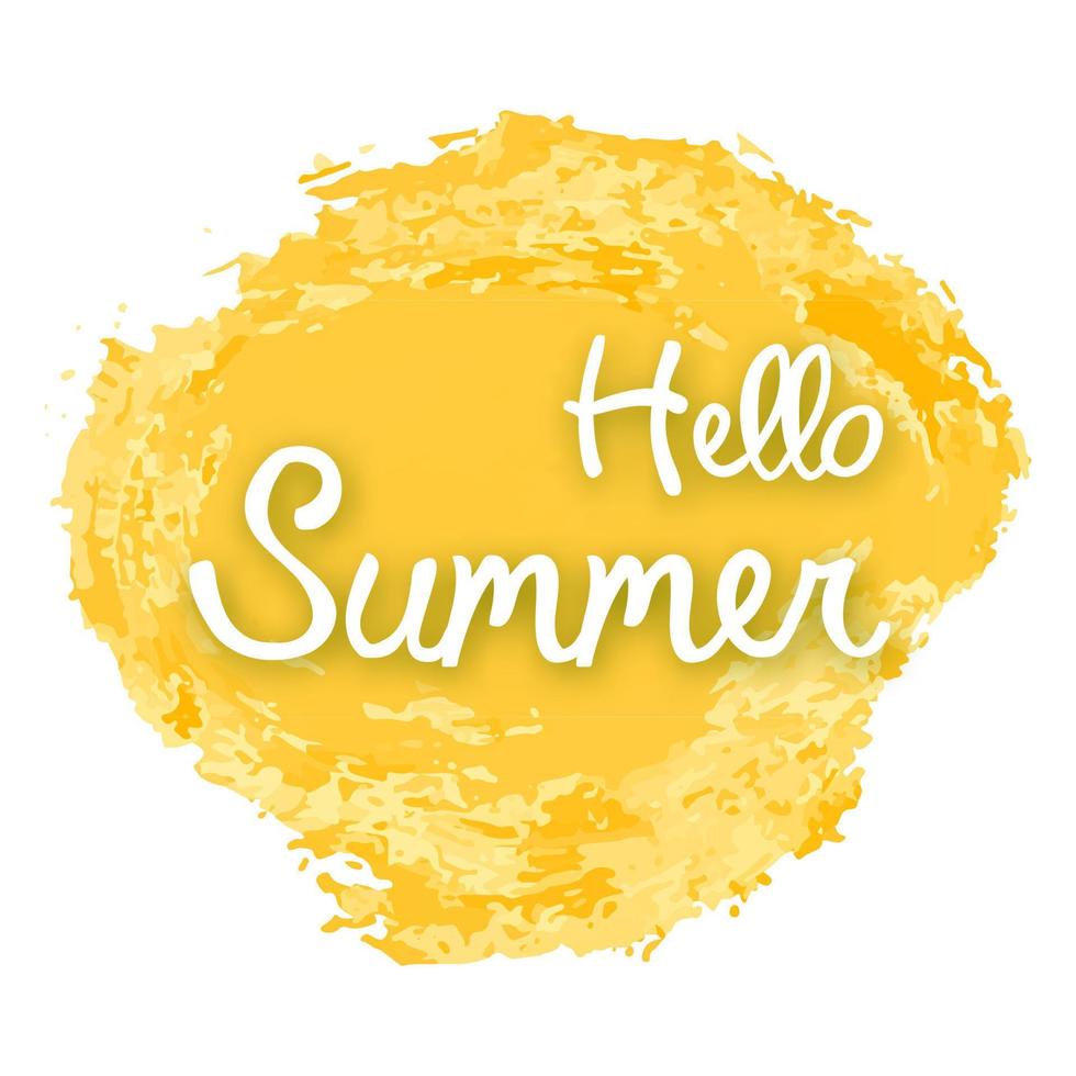 Hallo zomer Aan geel waterverf plek. ontwerp element voor uitnodiging, groet kaart, prints en affiches. vector illustratie.