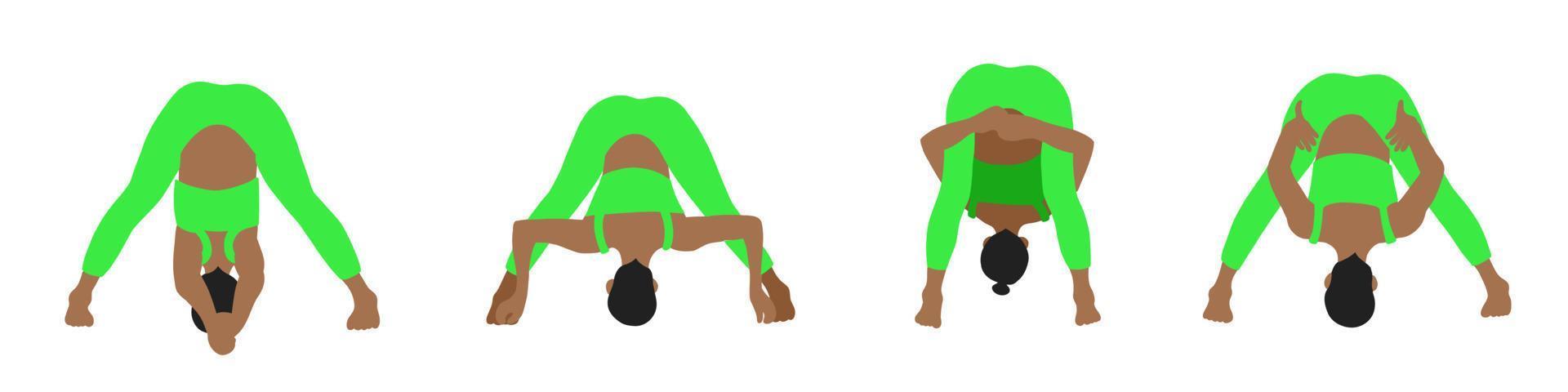 flexibiliteit yoga poses verzameling. Afrikaanse Amerikaans vrouw, dame, vrouw, meisje. meditatie, pilates, mentaal Gezondheid, opleiding Sportschool. vector illustratie in tekenfilm vlak stijl geïsoleerd Aan wit achtergrond.