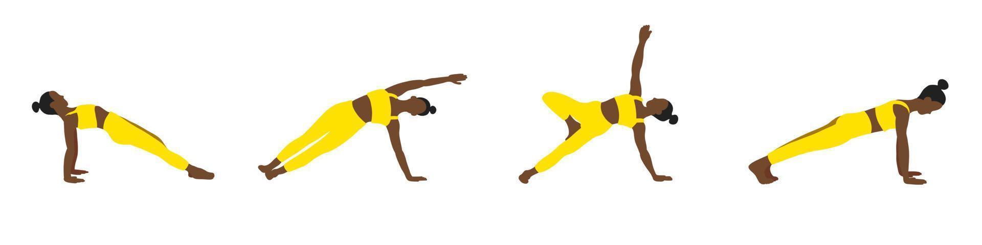 flexibiliteit yoga poses verzameling. Afrikaanse Amerikaans vrouw, dame, vrouw, meisje met geel bijhouden pak. pilates en opleiding. vector illustratie in tekenfilm vlak stijl geïsoleerd Aan wit achtergrond.