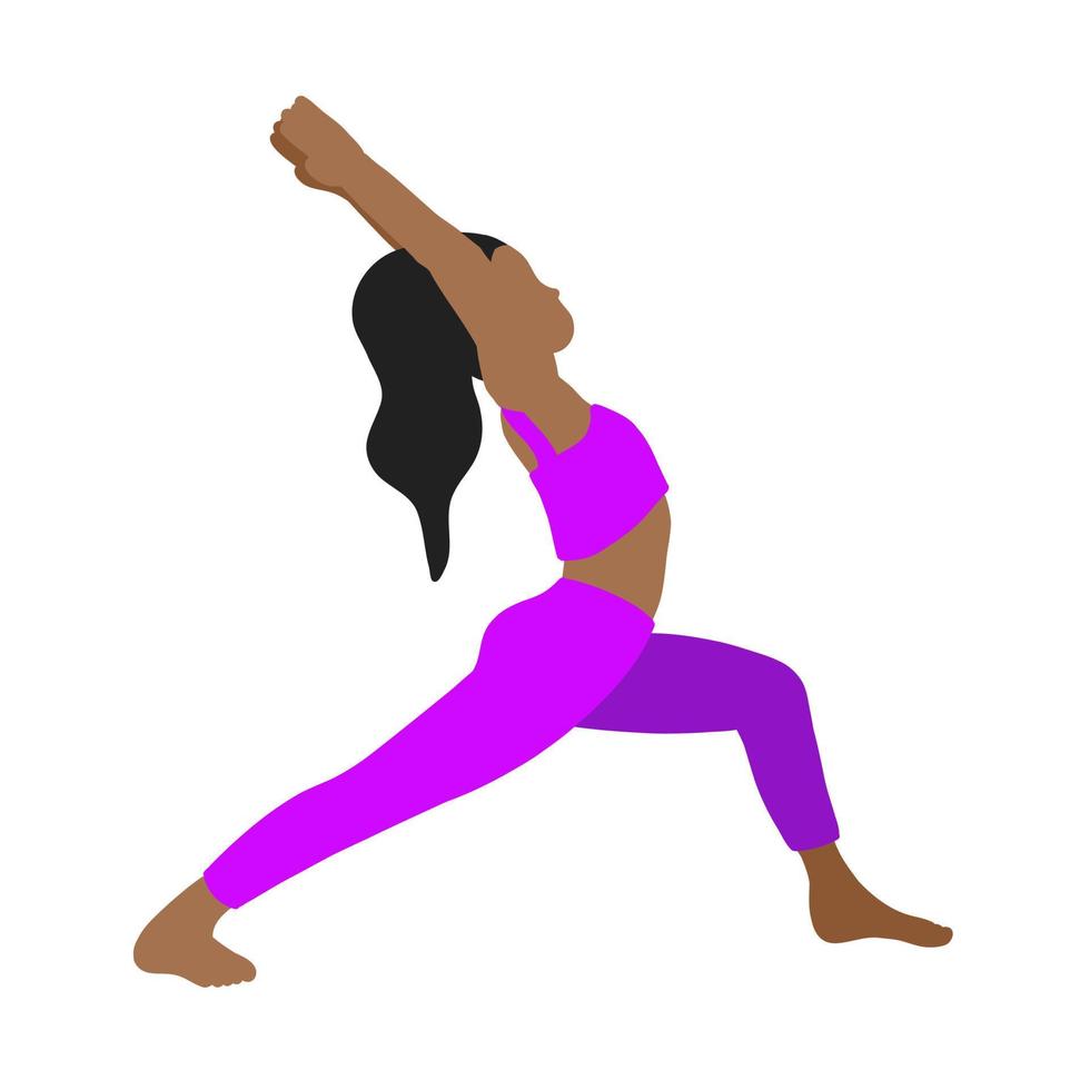 flexibiliteit yoga staan houding. Afrikaanse Amerikaans lang haar vrouw, dame, vrouw, meisje. pilates, mentaal Gezondheid, opleiding, Sportschool. vector illustratie in tekenfilm vlak stijl geïsoleerd Aan wit achtergrond.